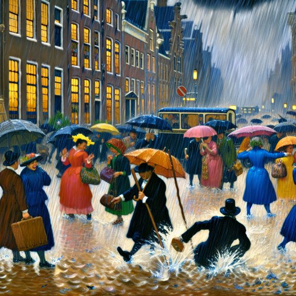 Een drukke straat onder een zware regenbui met mensen die schuilen onder paraplu's en door plassen springen.