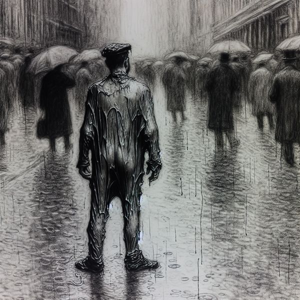 Regenbui met Doorweekte Kleding op Straat Persoon in doorweekte kleding tijdens regenbui op straat