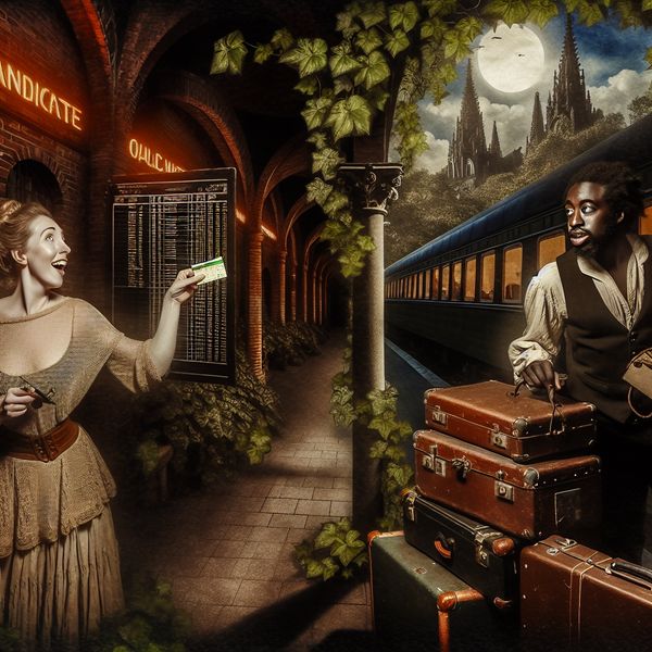 Twee reizigers bij een oud treinstation met een retourticket en een koffer