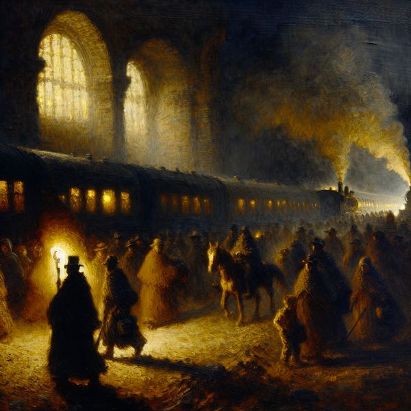 Reizigers in beweging richting bestemming - historische reis scène in Rembrandt licht Grote groep reizigers op een stoffig pad richting een verlichte treinstation in Rembrandt-stijl, met paarden, wandelaars en stoomtreinen in dramatisch clair-obscur