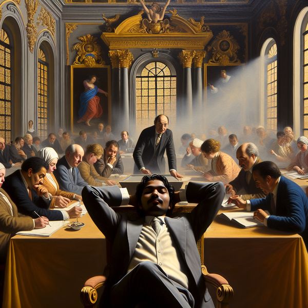 Een ontspannen man met zijn handen achter zijn hoofd in een drukke vergaderkamer met kantoorwerkers