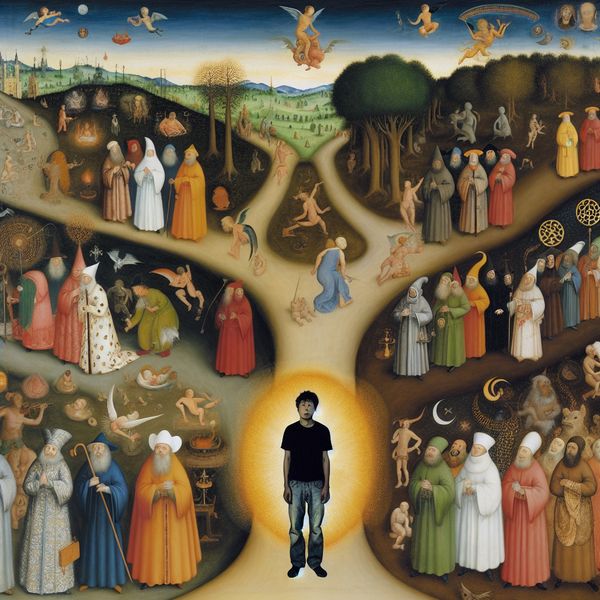 Religieuze tweesprong: symbolische keuze tussen wereldreligies in Bosch-stijl Surrealistisch tafereel van een persoon bij een tweesprong tussen verschillende religies, geïnspireerd op Hieronymus Bosch, met symbolen van christendom, islam, jodendom en boeddhisme