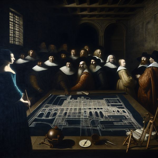 Historisch ontwerp brug: architecten bespreken bouwplan in Rembrandt-licht Groep stadfunctionarissen en architect bestuderen gedetailleerd ontwerp van een grote brug in Rembrandt-stijl met chiaroscuro-effecten