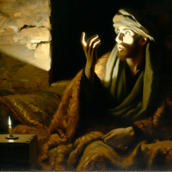 Persoon in dramatisch Rembrandt-licht met een plotseling inzicht in een gevaarlijke situatie, diepe contemplatie en emotionele realisatie