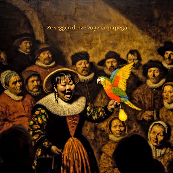 Benoemen van Een Papegaai in Rembrandt-Stijl Schilderij Schilderij in Rembrandt-stijl van mensen rondom een papegaai
