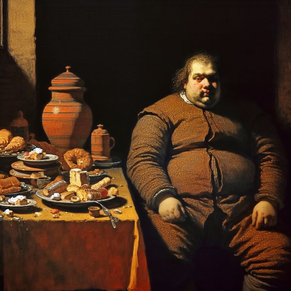 Schilderij in Rembrandt-stijl van een man met overgewicht aan tafel, omringd door restjes van een grote maaltijd in een sfeervolle, schemerige kamer