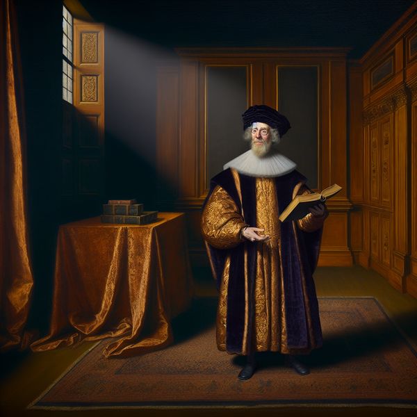 17e-eeuws portret van wijze spreker met boek in Rembrandt-stijl - Nederlands taalgebruik autoriteit Geleerde spreker in 17e-eeuwse stijl met boek, verlicht door dramatisch licht in een weelderige kamer, symboliseert autoriteit en bescheidenheid met het gebruik van 'wij'