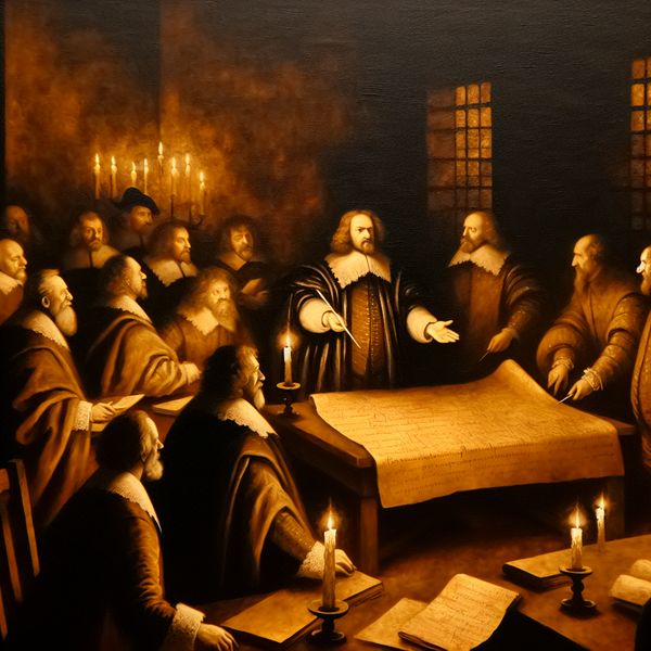 17e-eeuwse bestuurskamer met man die een kostenbesparend plan presenteert aan collega's, geschilderd in Rembrandt-stijl met dramatisch clair-obscur