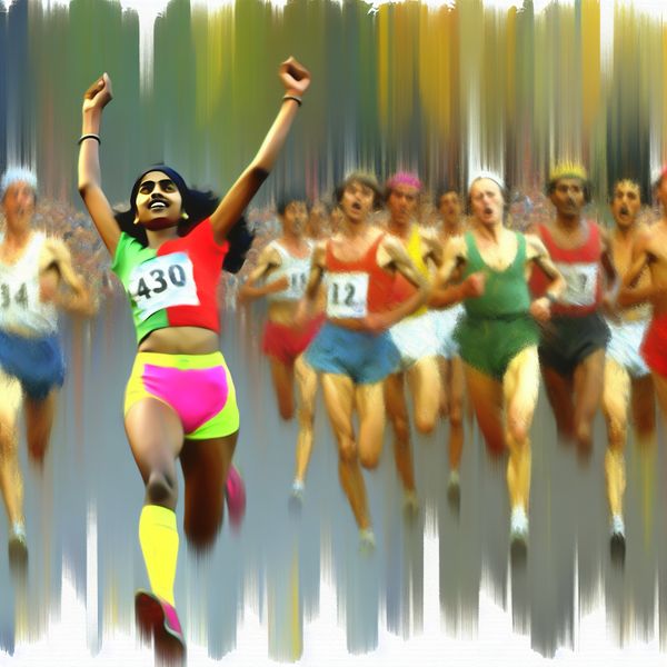 Renner die wint met armen omhoog Renner die de finishlijn overschrijdt in een levendige race, met armen in de lucht in triomf.