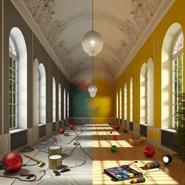 Renovatie van een kamer met zorgvuldige opfrissing Een hyperrealistische weergave van een kamer die wordt opgeknapt en gerenoveerd met hoge plafonds en grote ramen die natuurlijk licht binnenlaten.