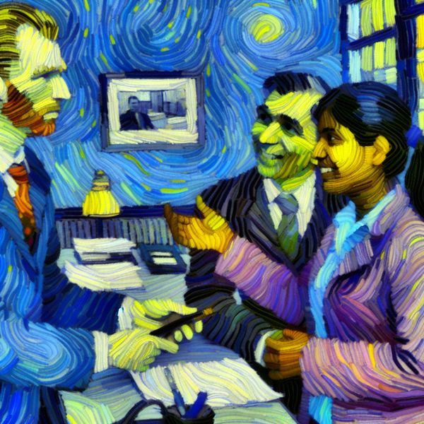 Twee collega's tonen wederzijds respect in een kantooromgeving, geschilderd in de kenmerkende stijl van Vincent van Gogh met expressieve penseelstreken en warme kleuren