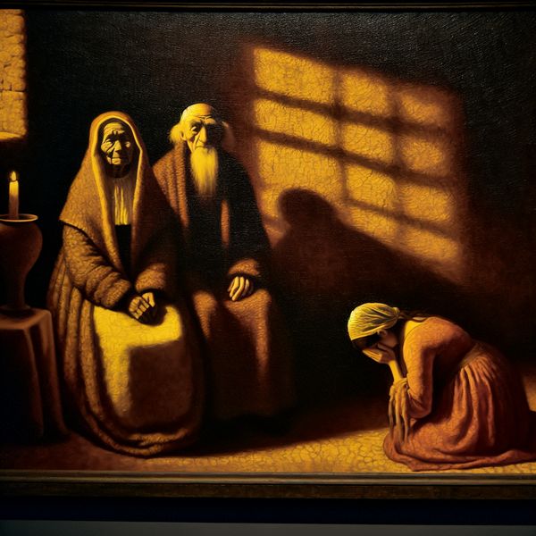 Respect tonen aan ouderen - klassieke schilderkunst voor taalonderwijs Oudere echtpaar ontvangt eerbiedig bezoek in een warm verlichte kamer, symboliserend respect en hoogachting in Rembrandt-stijl