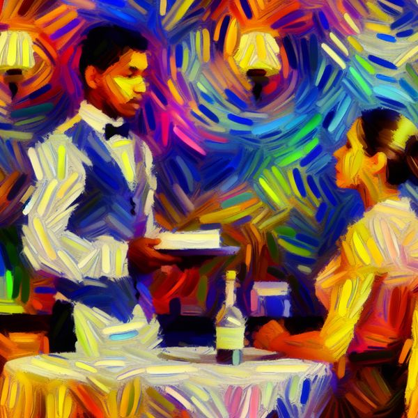 Respectvolle aanspreekvorm dame in levendig cafétafereel - Nederlands leren Abstract expressionistisch schilderij van een ober die respectvol een elegante dame in een café aanspreekt, met dynamische penseelstreken en warme kleuren