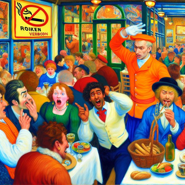 Verbaasde eters in restaurant met 'Roken Verboden' bord Een kleurrijke restaurantscène met een verbaasde groep eters en een ober die naar een bord met 'Roken Verboden' wijst.