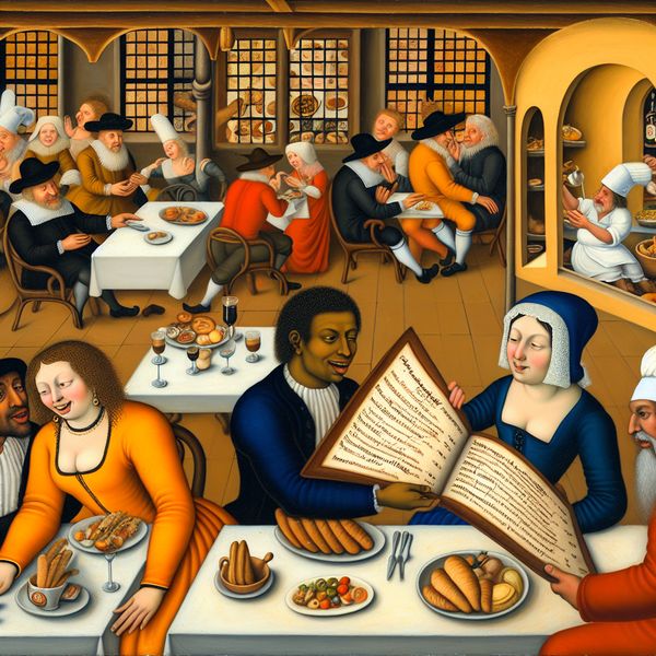 Levendige restaurantscène met diverse eetopties Een druk eetcafé met een ober die een menu presenteert aan een opgewonden stel, terwijl andere gasten achter hen aan het praten zijn.