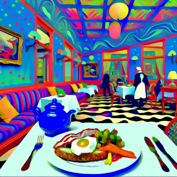 Verwachting in Restaurantinterieur: Mooi Maar Teleurstellend Een kleurrijke restaurantinterieur met mooi meubilair, maar met teleurstellend gepresenteerd eten.