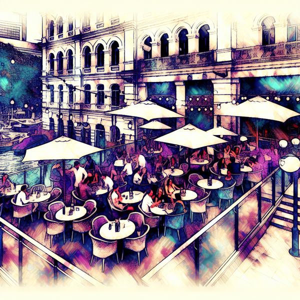 Eetervaring op Terras in Félicien Rops Stijl mensen dineren op een terras in de stijl van Félicien Rops, met gotische elementen