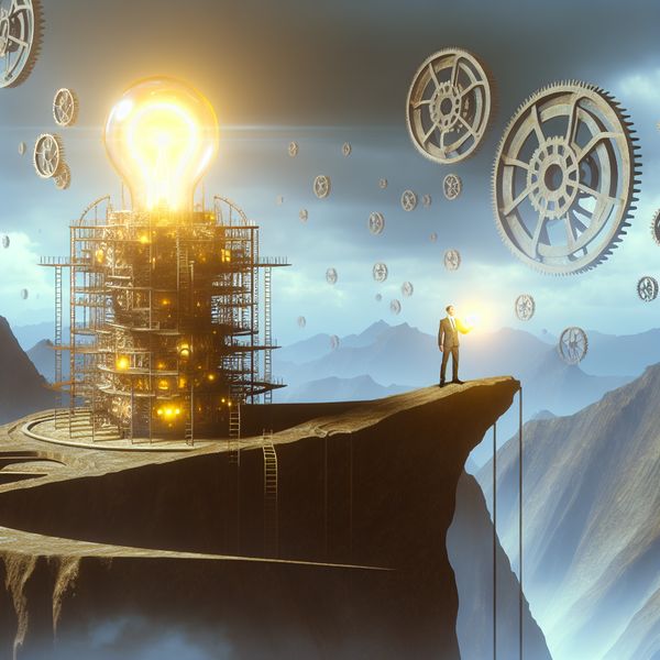 Resultaat van hard werken: surrealistisch kunstwerk met gouden succesbol Surrealistisch landschap met monumentale machine-achtige structuur en persoon met gouden bol als symbool van resultaat en succes door hard werken