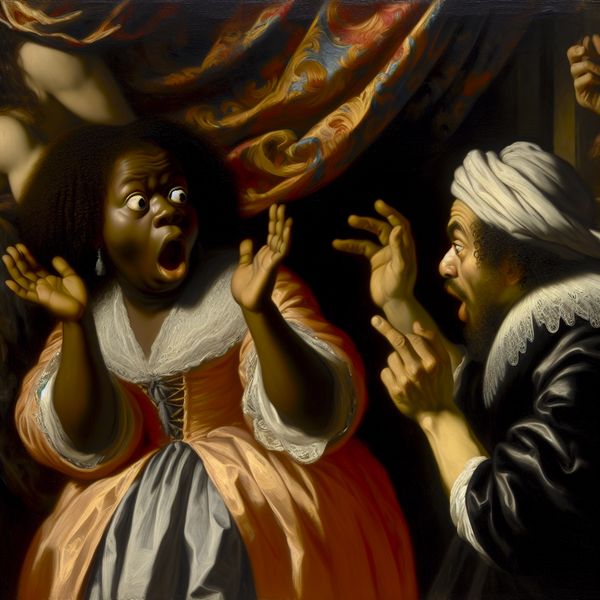 Retorische verbazing in barokkunst: dramatische uitdrukking van ongeloof Barokke schilderkunst in de stijl van Rubens met dramatische figuren die verbazing en ongeloof uitdrukken door een retorische vraag