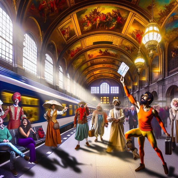 Een reiziger houdt opgewonden een retourticket naar Amsterdam omhoog in een druk treinstation in barokstijl, omringd door andere reizigers en gedetailleerde architectuur.