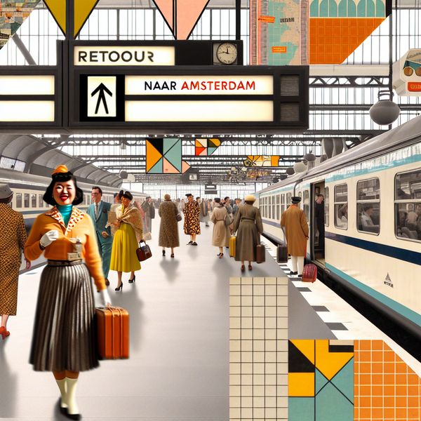Een reiziger met een kleurrijk, geometrisch retourticket naar Amsterdam op een retro-futuristisch treinstation.