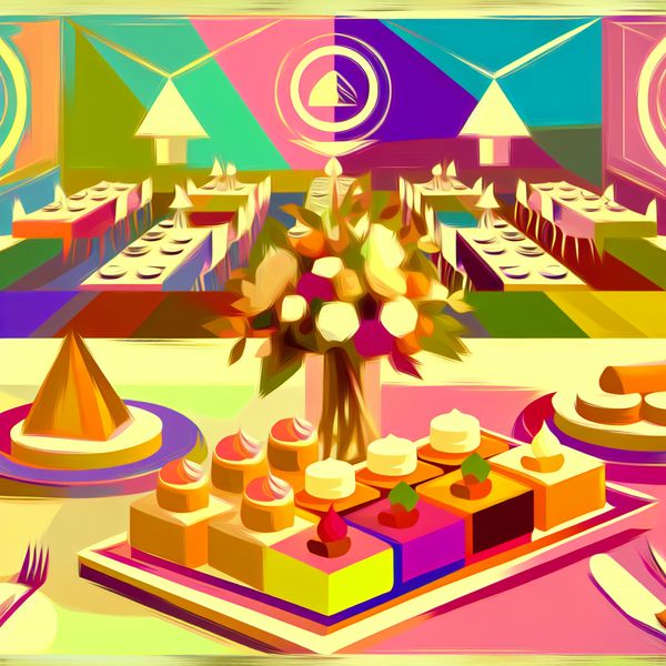 Retro-futuristisch Banket bij een Bruiloft met Diverse Gebakjes Een levendige, retro-futuristische bankettafelscène bij een bruiloft met een artistiek weergegeven assortiment van zoete en hartige gebakjes.