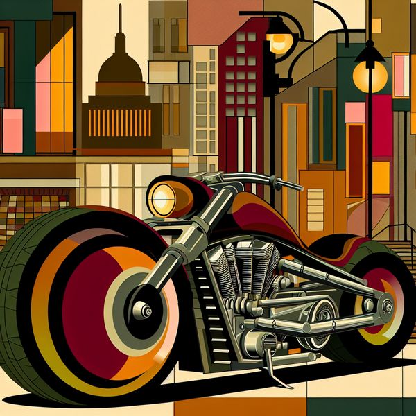 Indrukwekkende motorfiets illustratie: het ultieme beest op twee wielen Retro-futuristische illustratie van een reusachtige, krachtige motorfiets in een stedelijke omgeving, benadrukt grootte en kracht