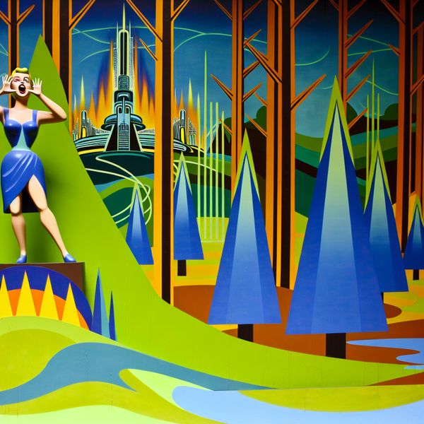 Retro-futuristisch Bos met Creatieve Oproep Een persoon staat op een heuvel in een retro-futuristisch bos, met handen om hun mond om te roepen.