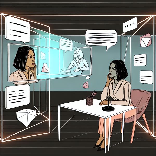 Retro-futuristisch Geheugen en Organisatie Retro-futuristische scène met persoon aan een minimalistisch bureau en holografische spraakballonnen