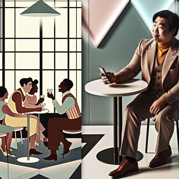 Retro-futuristisch cafe met persoon die alleen aan tafel zit en naar smartphone kijkt.
