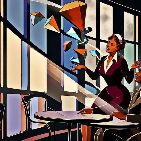 Retro-futuristisch Café Gesprek voor Taal Leren Twee mensen in een stijlvol café, in een levendig gesprek met geometrische vormen om hun ideeën heen.