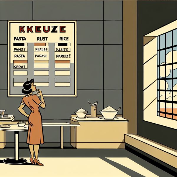 Een persoon met handen op de heupen staat voor een menu in een modern café met keuzes tussen 'Pasta' en 'Rijst'.