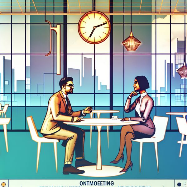 Retro-futuristisch café: Ontmoeting en uitnodiging voor een afspraak Een retro-futuristisch café met een man en een vrouw die aan een tafel zitten en wachten op een afspraak.