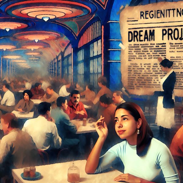 Een retro-futuristisch café met een nadenkende persoon die wijst naar een oude krantenknipsel aan de muur, terwijl andere klanten in gesprekken betrokken zijn.