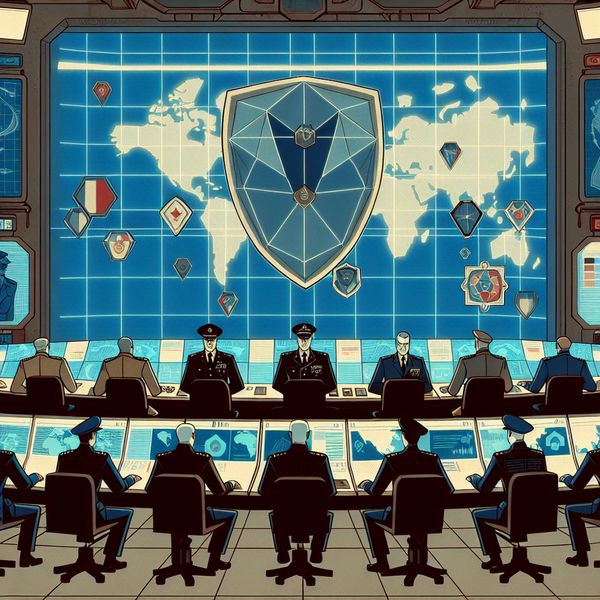 Staatsveiligheid en internationale samenwerking in een hightech commandocentrum Retro-futuristische illustratie van een hightech militaire commandocentrum met een digitale wereldkaart, strategische markers en uniformpersoneel dat wereldwijde veiligheidsdreigingen analyseert