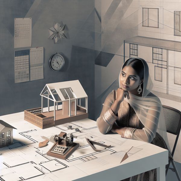 Moderne retro-futuristische scène van iemand die nadenkt over het kopen van een nieuw huis, omringd door schetsen en blauwdrukken, met nostalgische geometrische decoratie.