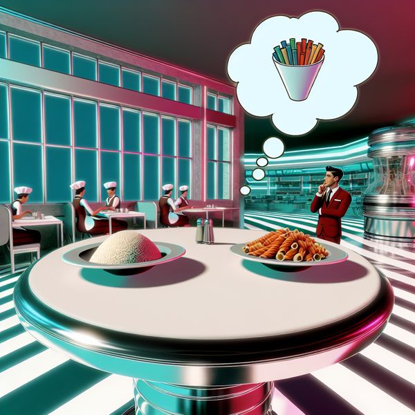 Retro-futuristisch diner met meerkeuze pasta en rijst Een retro-futuristische diner scène met een rond tafel met een bord pasta en een bord rijst tegenover elkaar, een klant in gedachten over zijn keuze.