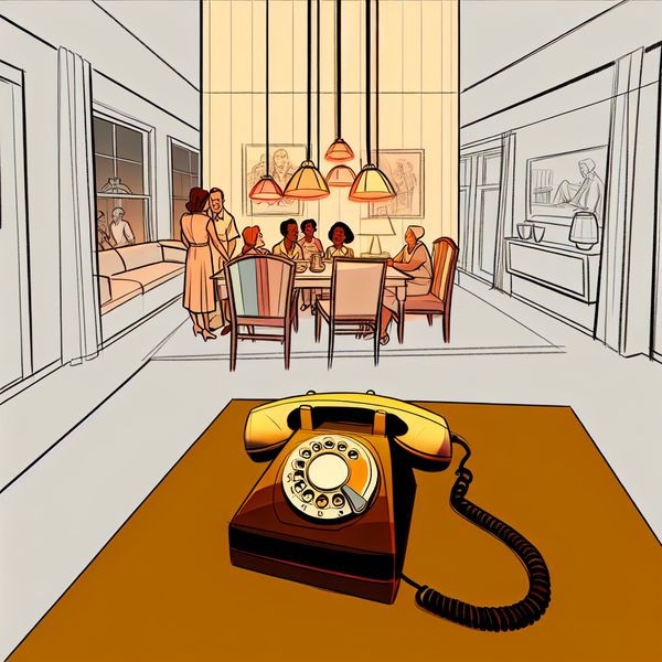 Het Retro-futuristische Gezinshuisinterieur Retro-futuristische woonkamer met klassieke draaitelefoon en familie