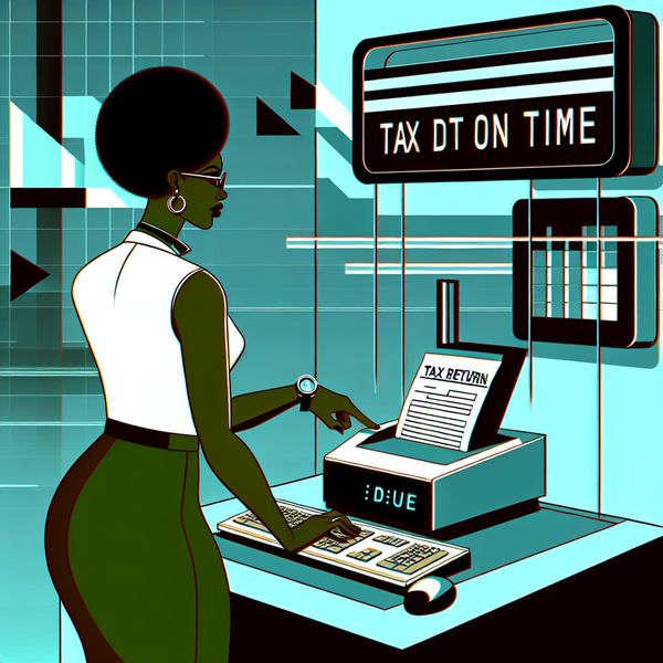 Een werknemer in smart casual kleding die geconcentreerd een belastingaangifte typt op een futuristische computer in een retro-futuristisch kantoor