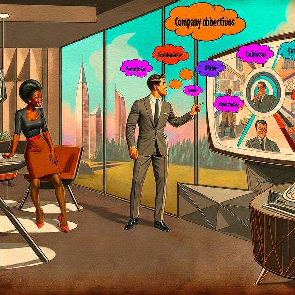 Retro-futuristische discussie in een modern kantoor Retro-futuristisch kantoor met twee mensen in discussie, omringd door geometrisch meubilair en kleurrijke spraakballonnen.