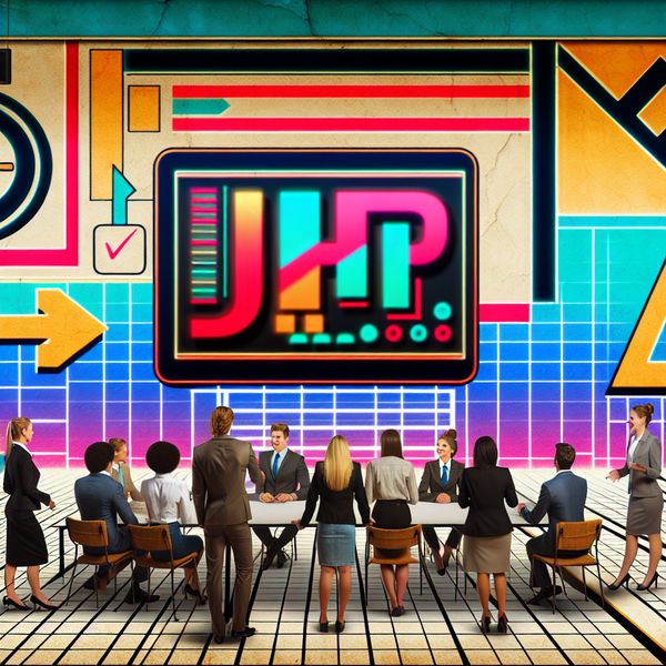 Een retro-futuristische kantooromgeving met diverse professionals rondom een digitaal presentatie scherm met het woord 'JIP' en symbolen van tijdigheid.