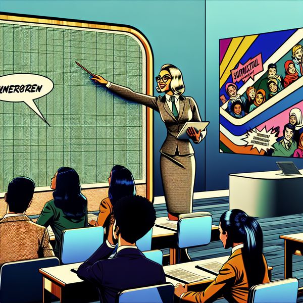 Retro-futuristisch klaslokaal met enthousiaste docent Een enthousiaste docent geeft les in een retro-futuristisch ingerichte klaslokaal aan diverse leerlingen.