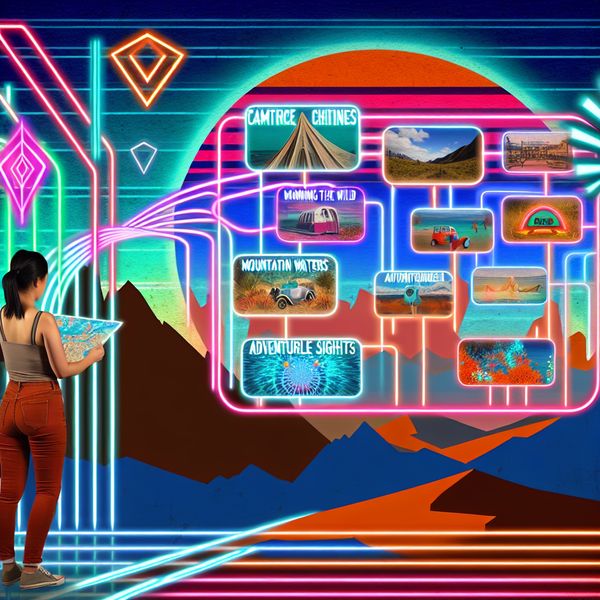 Retro-futuristisch kruispunt met mogelijkheden en keuzes Een retro-futuristisch tafereel van een persoon bij een kruispunt met kleurrijke paden, elk met unieke bestemmingsborden.