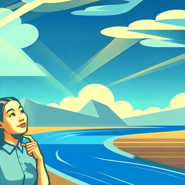 Een persoon staat aan de oever van een blauwe rivier en kijkt nadenkend naar de kleurrijke lucht met geometrische wolken.