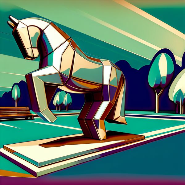 Retro-futuristisch standbeeld van een paard in een serene parksetting met geometrische lijnen en een glanzend metalen oppervlak