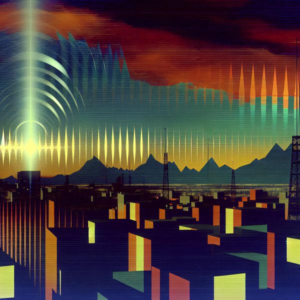 Illustratie schietgeluid in retro-futuristische stadsgezicht bij schemering Retro-futuristische illustratie van een stadsgezicht bij schemering met een zichtbare schietgeluidgolf als geometrische boog na een pistoolschot