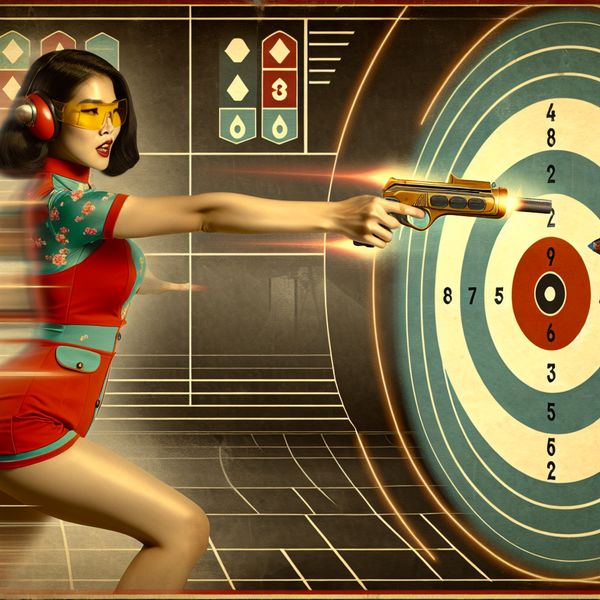Marksman in retro-futuristische stijl schiet precies op een roos tijdens een schietwedstrijd