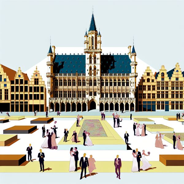 Retro-futuristisch stadhuis met bruiloft in de stadsquare Retro-futuristische weergave van een stadsplein met een historisch stadhuis en bruidspaar