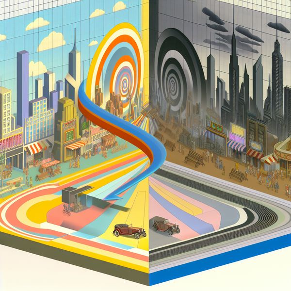 Abstract retro-futuristic cityscape contrasting vibrant present and muted past