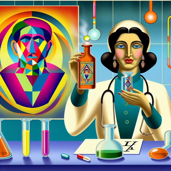 Retro-futuristisch laboratorium met arts Retro-futuristische afbeelding van een arts in een jaren '50 laboratorium, met een receptfles en kleurrijke laboratoriumgerei, en een abstracte voorstelling van een patiënt op de achtergrond.